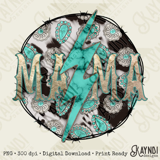 Concho Mama Black Sublimation Design PNG Digital Download Printable Mama Turquoise Cow Print