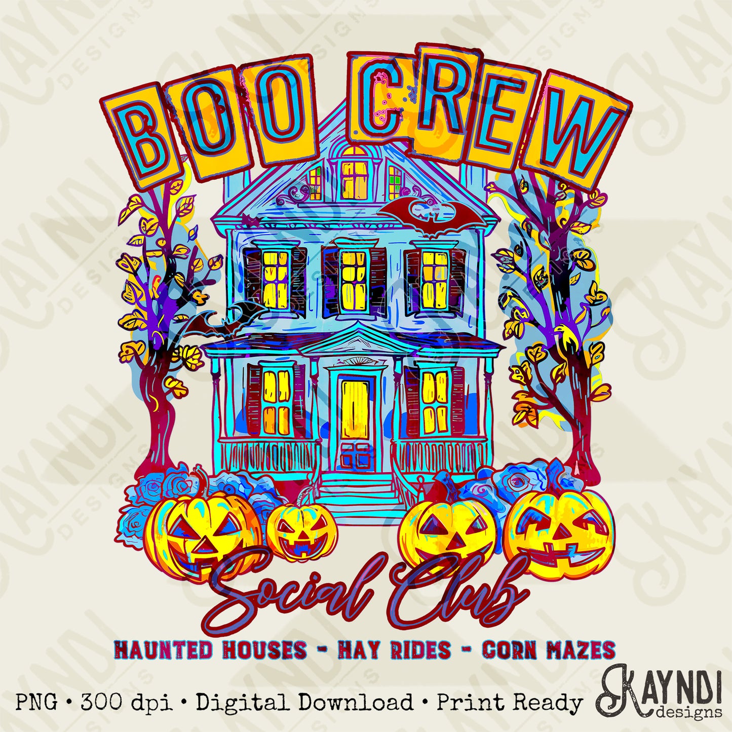 Boo Crew Blue Sublimation Design PNG Digital Download Printable Halloween Haunted House Bat Pumpkins