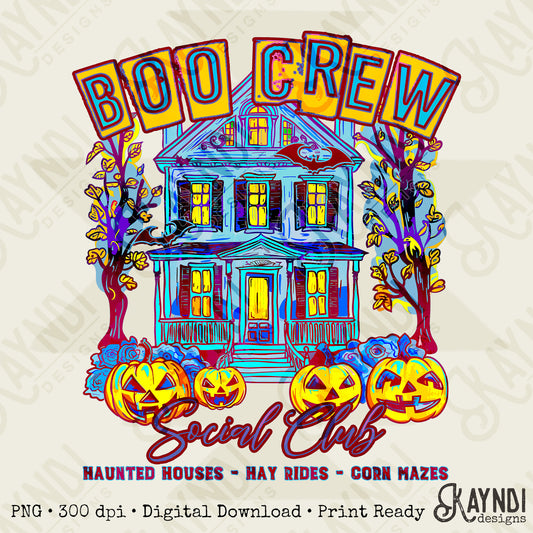 Boo Crew Blue Sublimation Design PNG Digital Download Printable Halloween Haunted House Bat Pumpkins