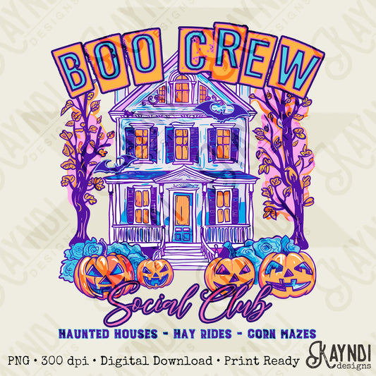 Boo Crew Lavender Sublimation Design PNG Digital Download Printable Halloween Haunted House Bat Pumpkins