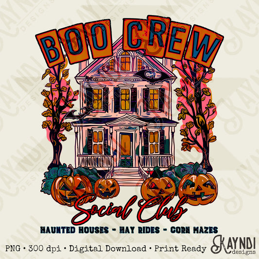 Boo Crew Pink Sublimation Design PNG Digital Download Printable Halloween Haunted House Bat Pumpkins