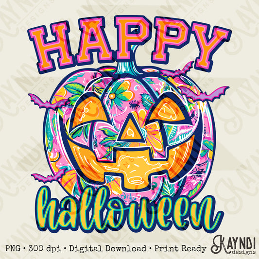 Happy Halloween Pumpkin Pink Sublimation Design PNG Digital Download Printable Halloween Pumpkin Bats