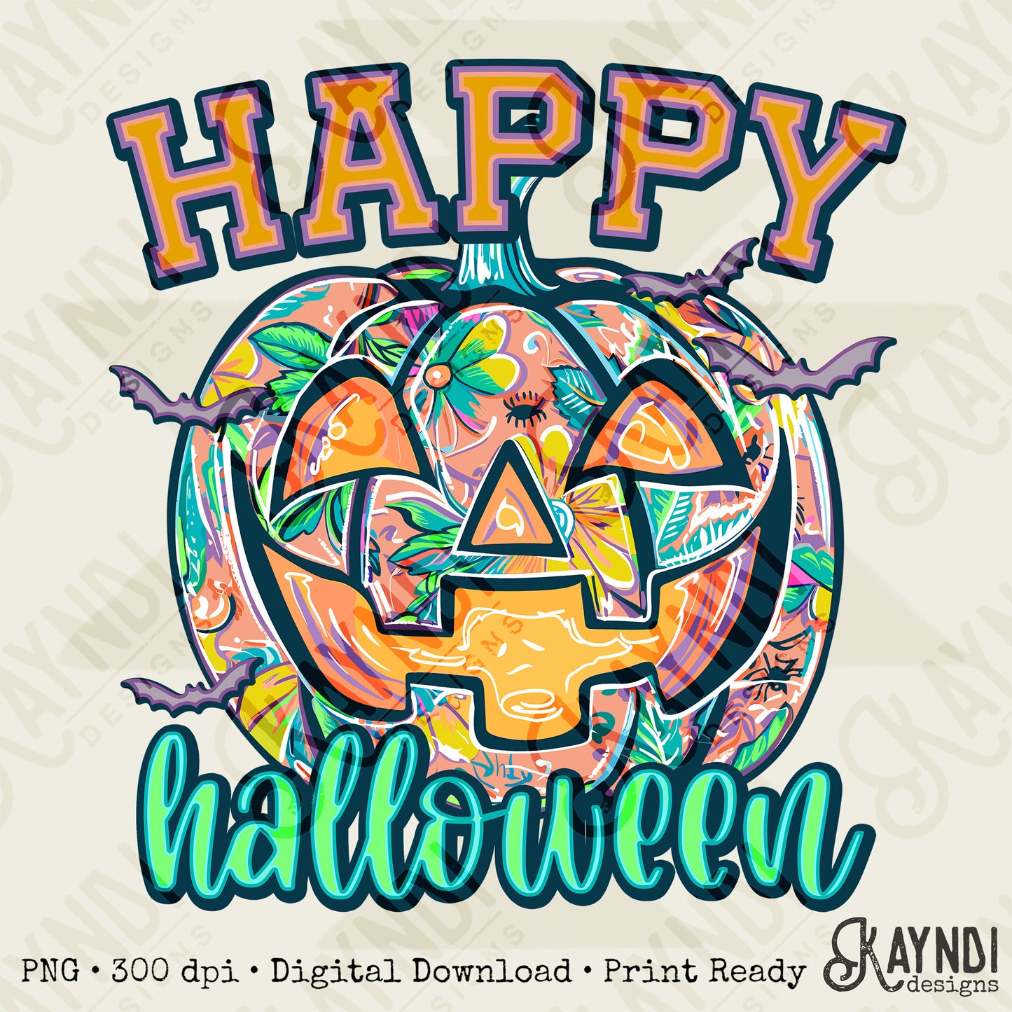 Happy Halloween Pumpkin Purple Sublimation Design PNG Digital Download Printable Halloween Pumpkin Bats