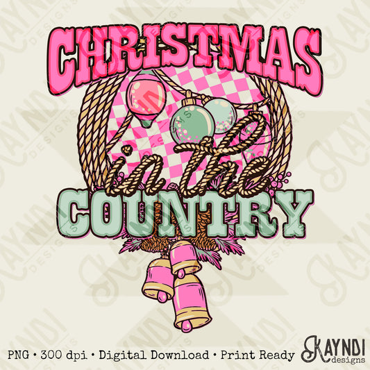 Christmas in the Country Pink Sublimation Design PNG Digital Download Printable Western Christmas Bells