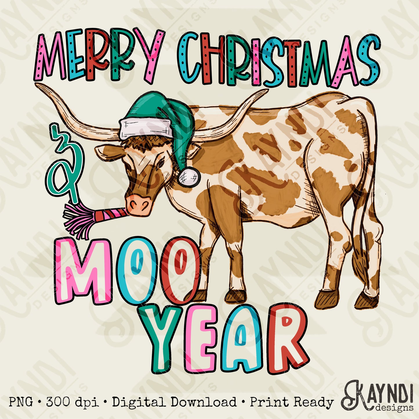 Moo Year Brown Sublimation Design PNG Digital Download Printable Christmas Western Fun New Years