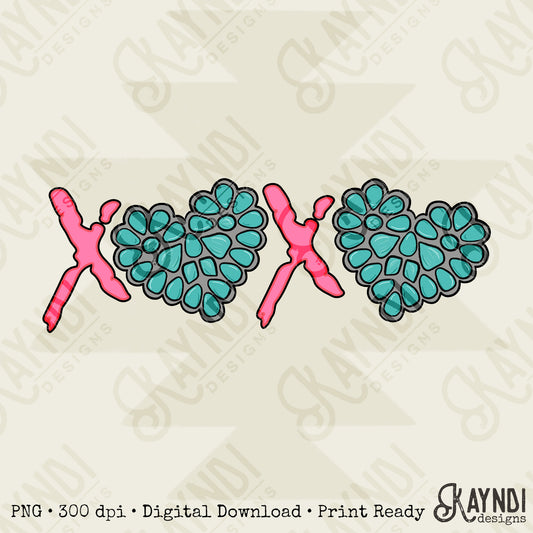 XOXO Sublimation Design PNG Digital Download Printable Flowers Turquoise Valentines