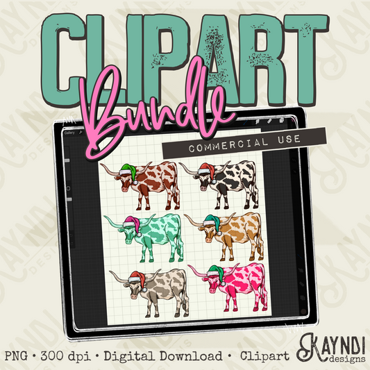 Hand Drawn Christmas Cow Clipart Element PNG Digital Downloads Elements Colorful Commercial Use