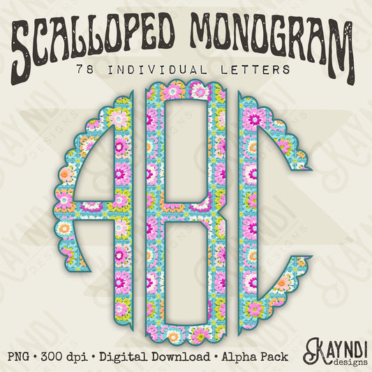 Crochet Garden Scalloped Monogram Set Sublimation Design PNG Digital Download Printable Crochet Garden Flowers