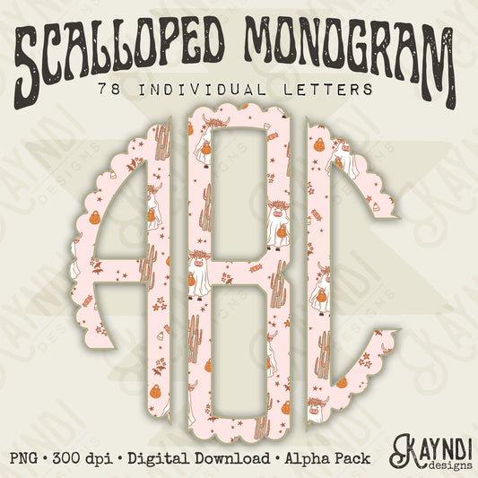 Ghost Town Scalloped Monogram Set Sublimation Design PNG Digital Download Printable Western Ghost Highland Cow