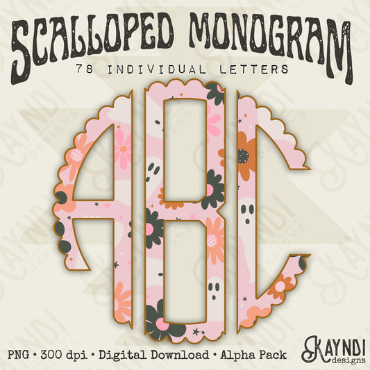 Spooky Blooms Scalloped Monogram Set Sublimation Design PNG Digital Download Printable Cute Flowers Ghosts