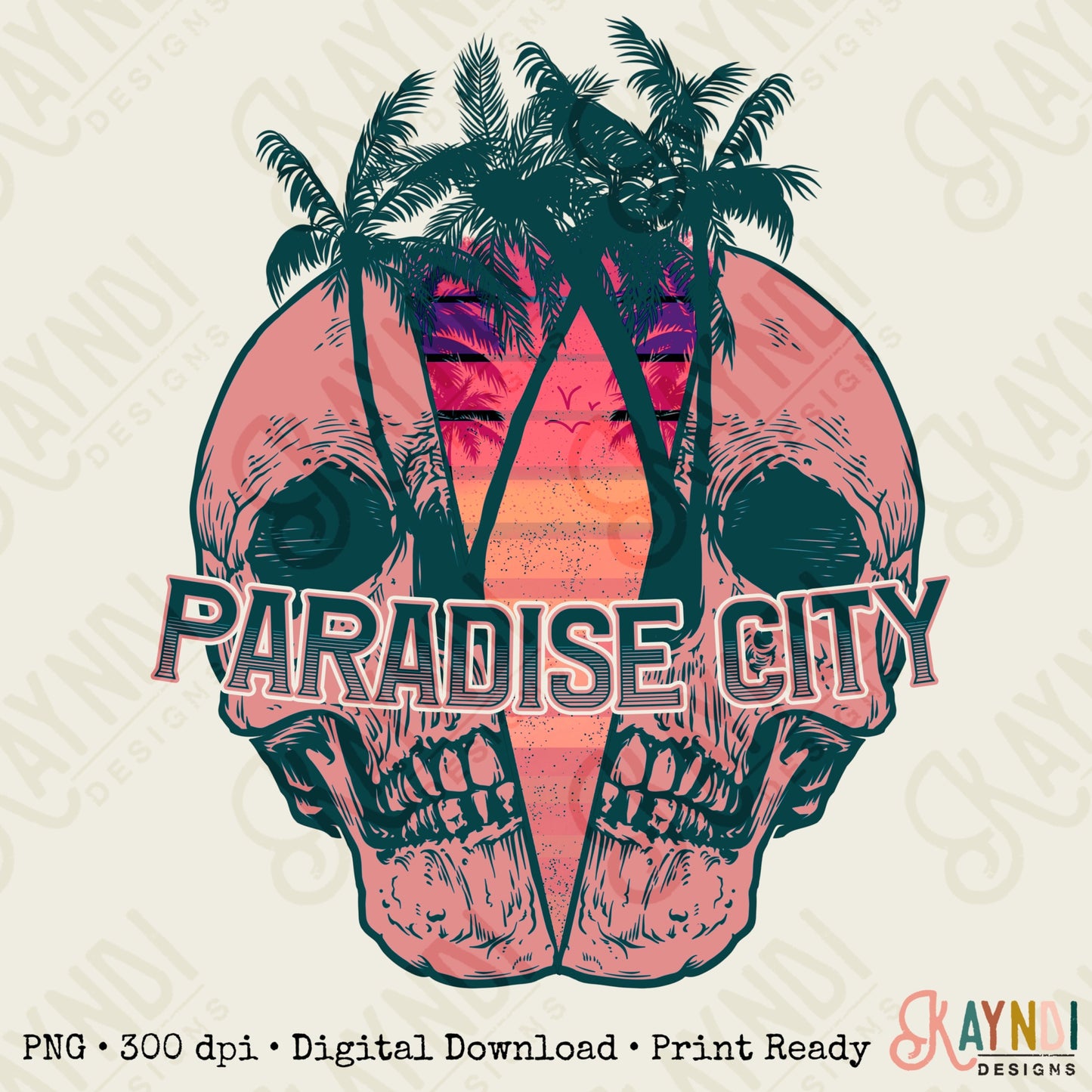 Paradise City Skull Pink Sublimation Design PNG Digital Download Printable Skellie Skeleton Beach Palm Tree Retro Sunset Vacay Mens Ocean