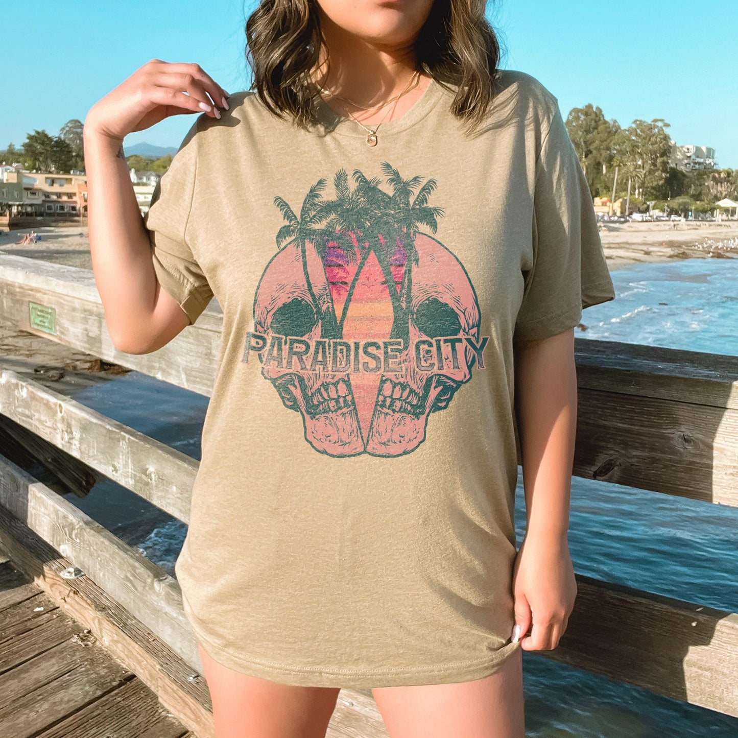 Paradise City Skull Pink Sublimation Design PNG Digital Download Printable Skellie Skeleton Beach Palm Tree Retro Sunset Vacay Mens Ocean