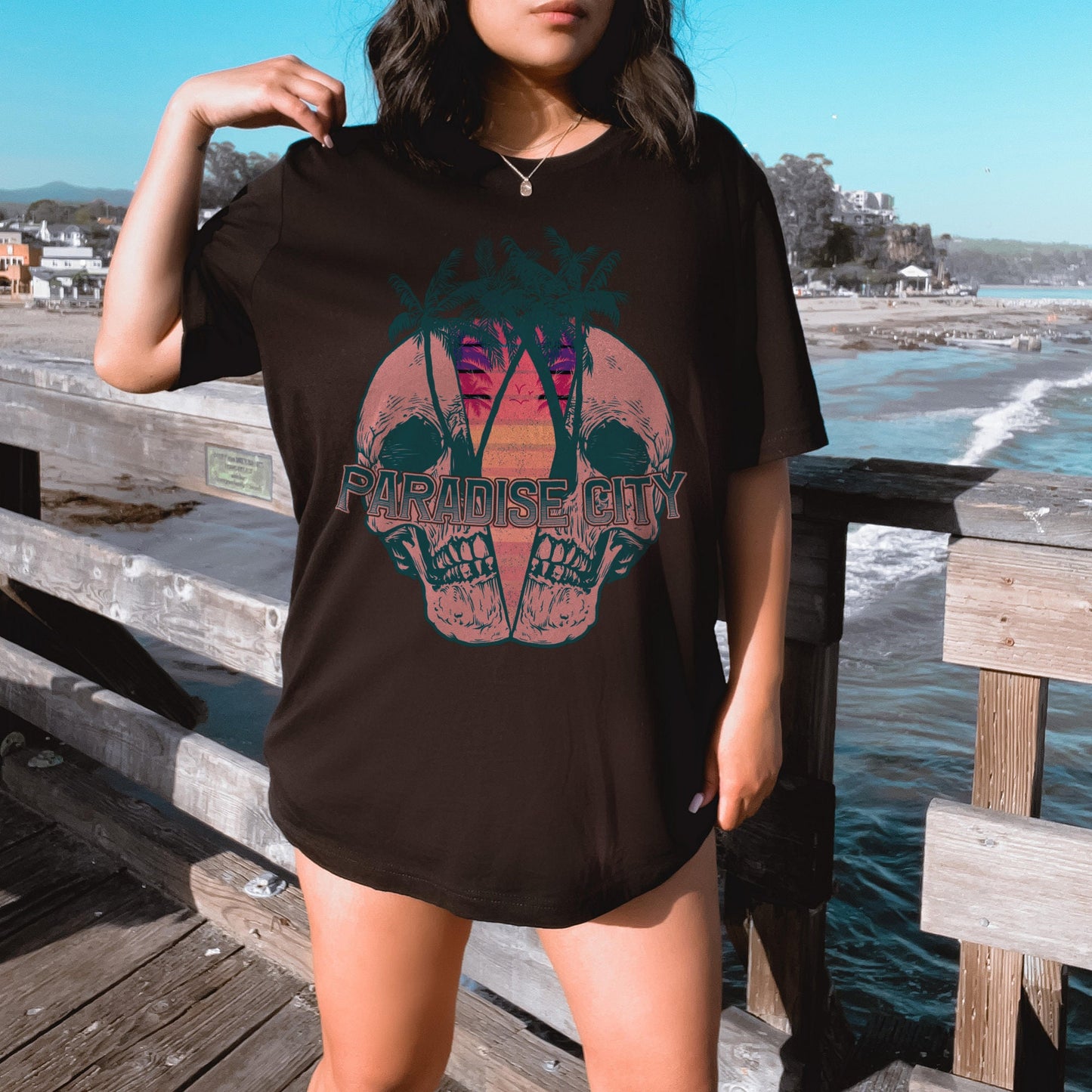 Paradise City Skull Pink Sublimation Design PNG Digital Download Printable Skellie Skeleton Beach Palm Tree Retro Sunset Vacay Mens Ocean