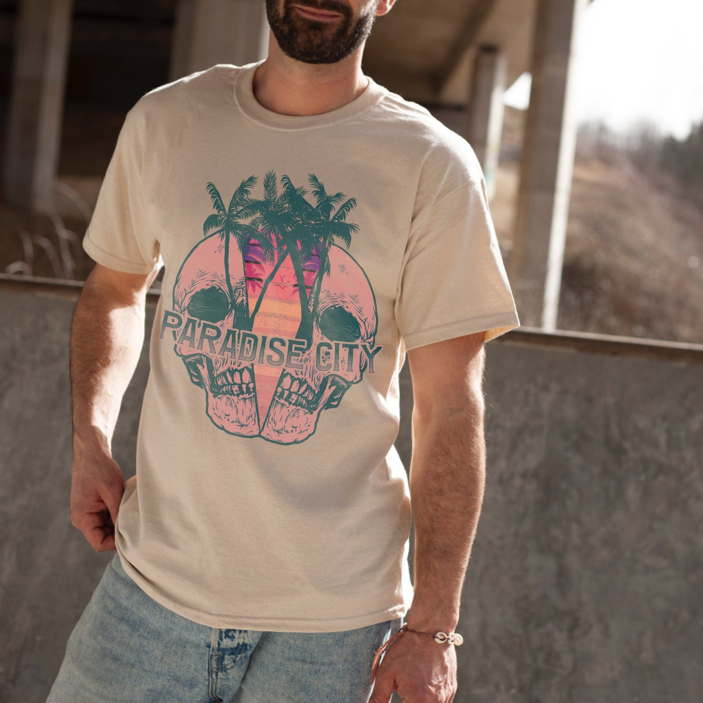 Paradise City Skull Pink Sublimation Design PNG Digital Download Printable Skellie Skeleton Beach Palm Tree Retro Sunset Vacay Mens Ocean