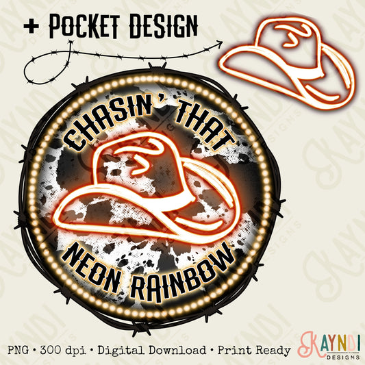 Chasin That Neon Rainbow plus Pocket Design Red Sublimation Design PNG Digital Download Printable Cowboy Hat Cow Print Western 90s Country