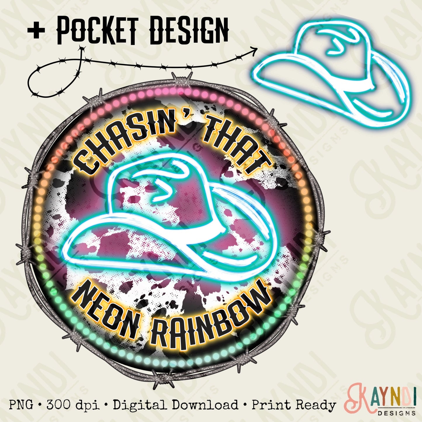 Chasin That Neon Rainbow plus Pocket Design Blue Sublimation Design PNG Digital Download Printable Cowboy Hat Cow Print Western 90s Country