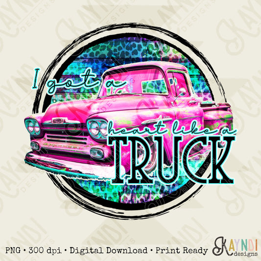 I Got a Heart Like a Truck Sublimation Design PNG Digital Download Printable Pink Vintage Funky Truck Western Southern Country Leopard Retro