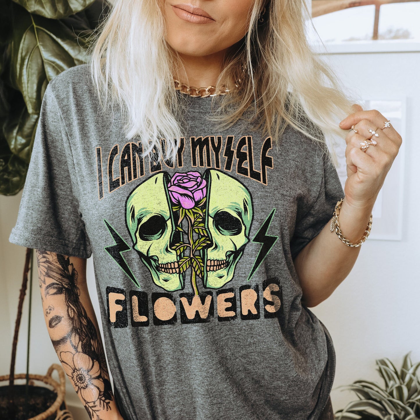 I Can Buy Myself Flowers Sublimation Design PNG Digital Download Printable 2 Neon Grunge Skull Rose Lightning Bolt Skellie Skull Skeleton