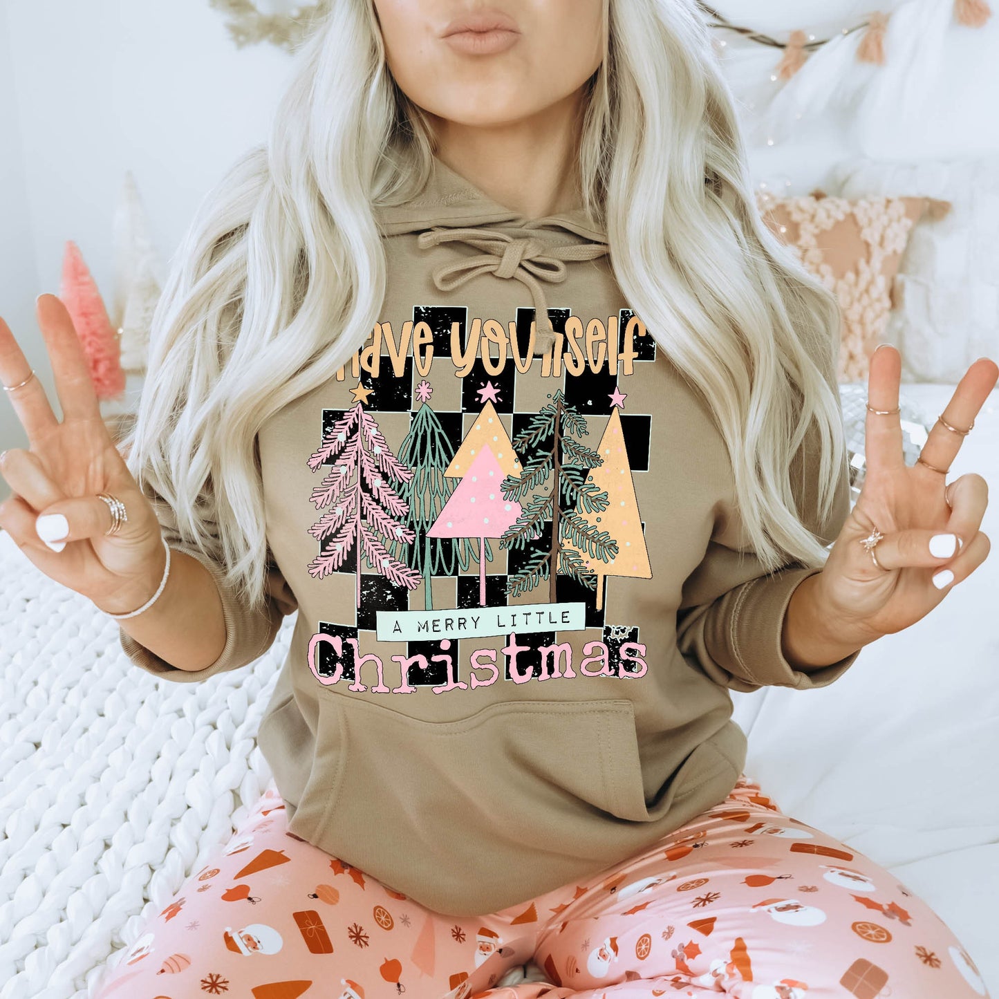 Have Yourself a Merry Little Christmas Sublimation Design PNG Digital Download Printable Retro Checker Christmas Trees Cute Pink Girly Girls