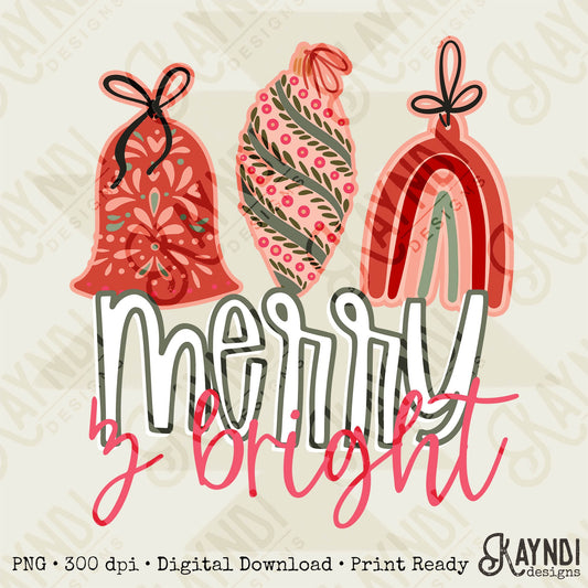 Merry & Bright Sublimation Design PNG Digital Download Printable Christmas Ornaments Merry Christmas Cute Girly Pink Green Winter Trendy