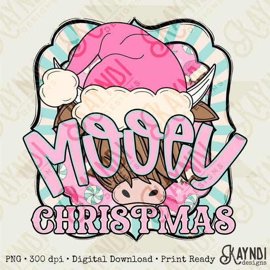 Mooey Christmas Pink Teal Sublimation Design PNG Digital Download Printable Christmas Cow Furry Cow Santa Hat Candy Cane Merry Christmas