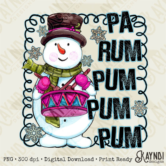 Pa Rum Pum Pum Pum Snowman Drummer Boy Pink Sublimation Design PNG Digital Download Printable Cute Kids Chrismtas Design Winter Doodle Snow