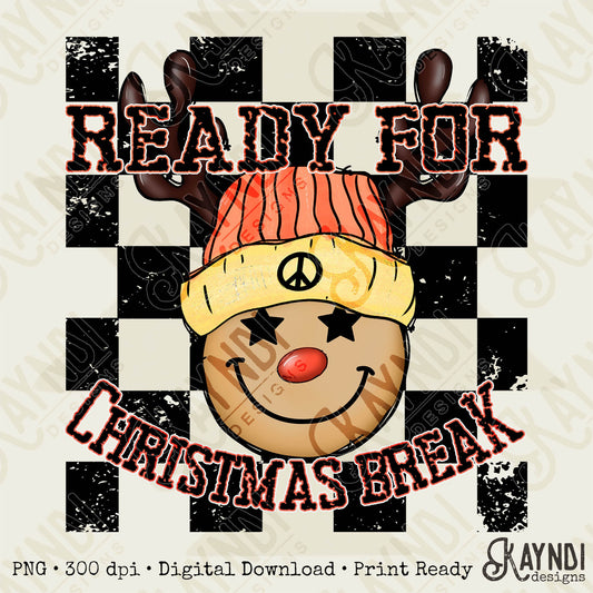 Ready for Christmas Break Reindeer Orange Beanie Hat Sublimation Design PNG Digital Download Printable Kids Christmas School Teacher Checker