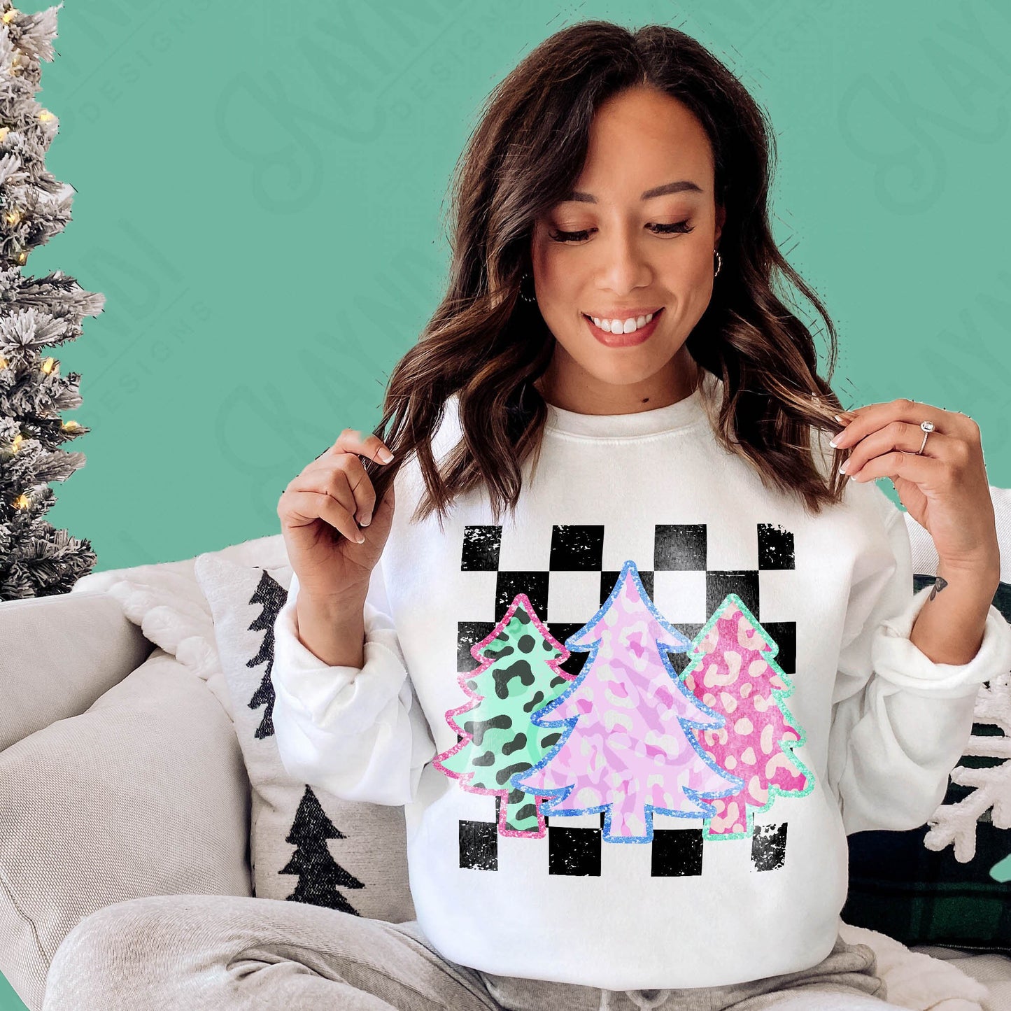 Glitter Leopard Christmas Trees with Matching Pocket Sublimation Design PNG Digital Download Printable Checker Cheetah Pink Teal Girly