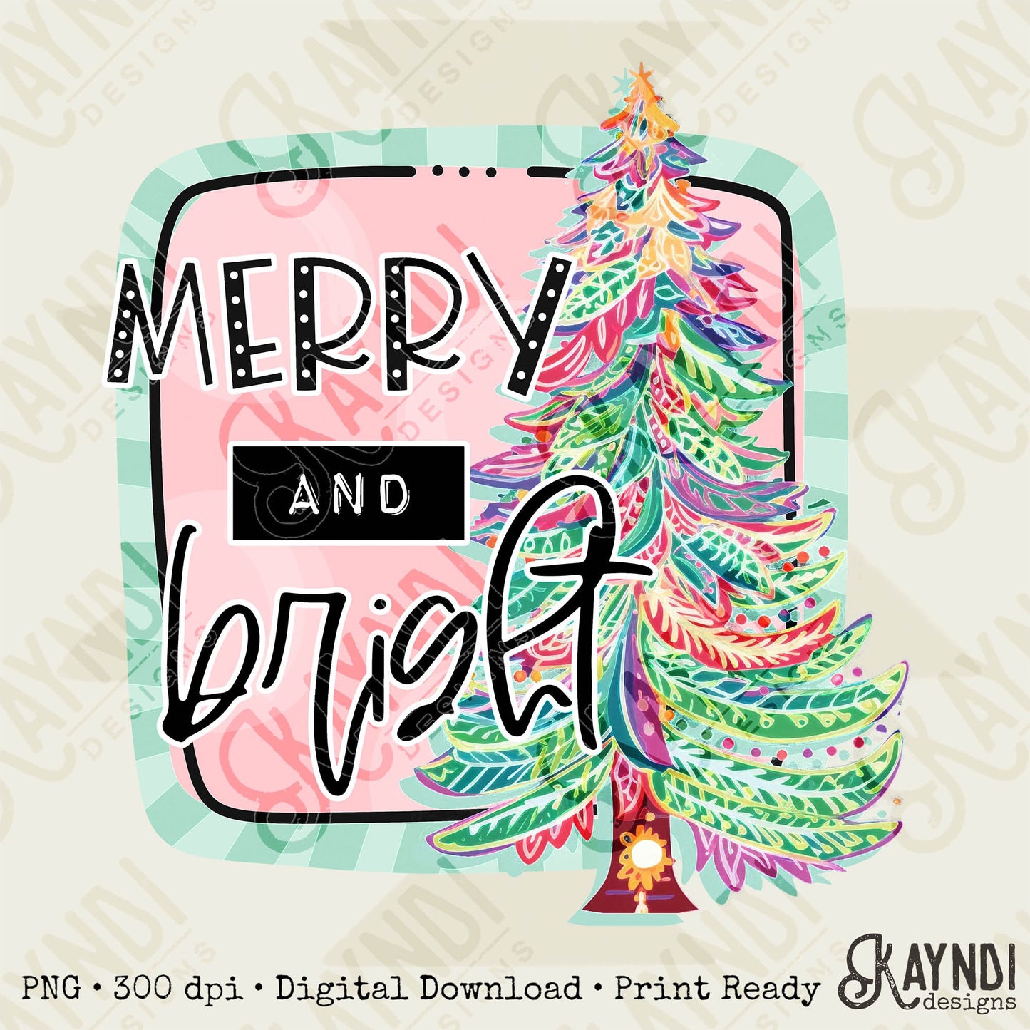 Merry & Bright Sublimation Design PNG Digital Download Printable Preppy Christmas Tree Merry Christmas Cute Girly Pink Green Winter Trendy