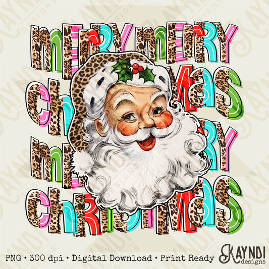 Merry Merry Christmas Santa Sublimation Design PNG Digital Download Printable Leopard Cheetah Bright Retro Vintage Santa Claus Merry Xmas