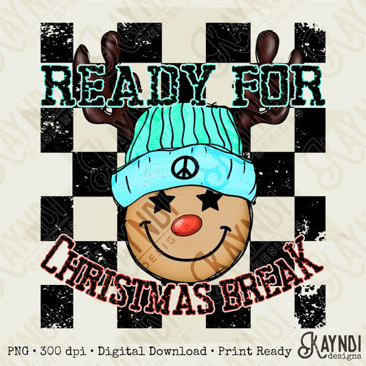 Ready for Christmas Break Reindeer Blue Beanie Hat Sublimation Design PNG Digital Download Printable Kids Christmas School Teacher Checker