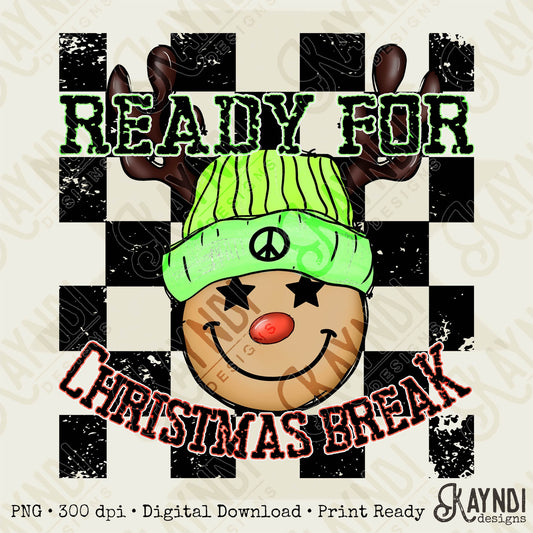 Ready for Christmas Break Reindeer Green Beanie Hat Sublimation Design PNG Digital Download Printable Kids Christmas School Teacher Checker