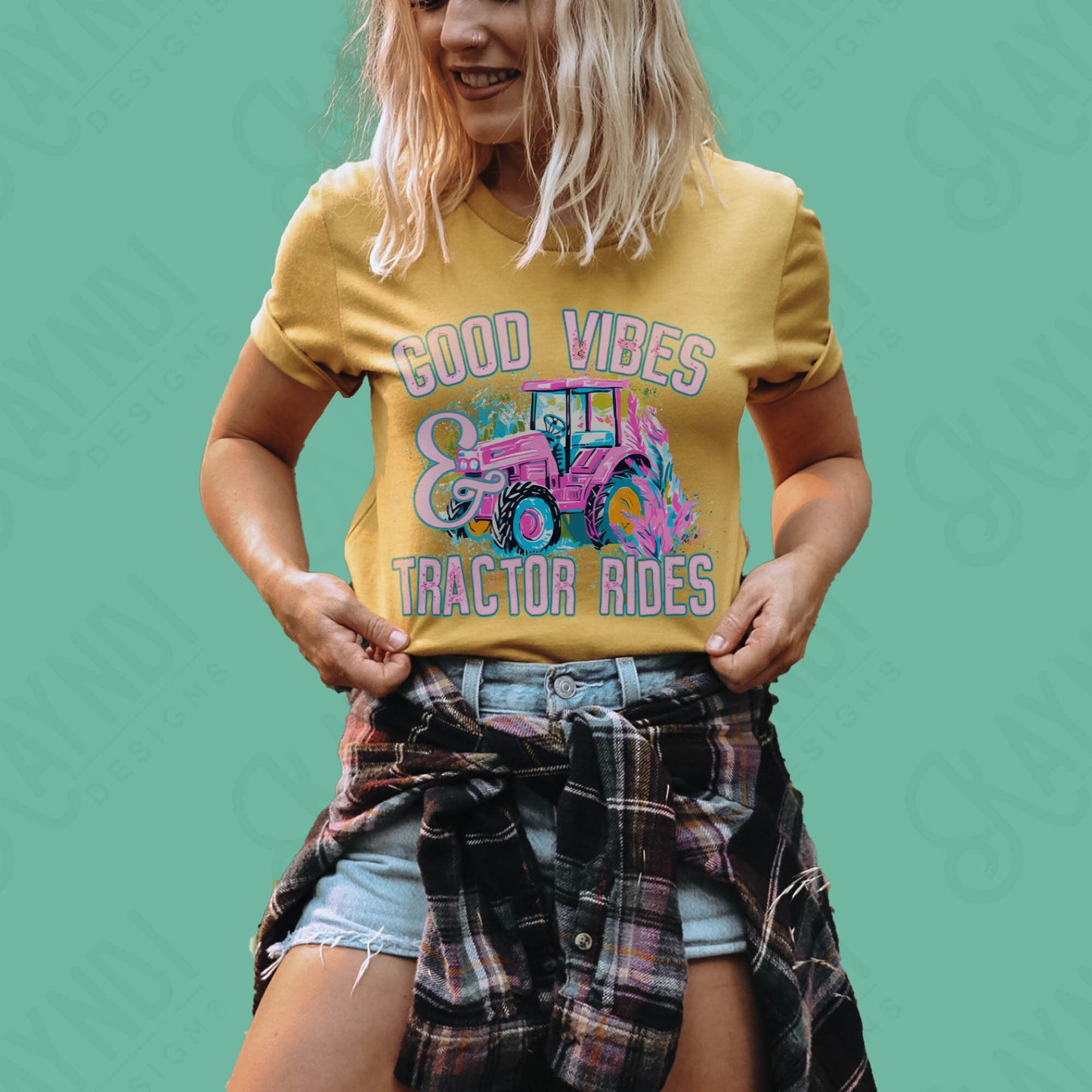 Good Vibes & Tractor Rides Sublimation Design PNG Digital Download Printable Teal Pink Tractor Preppy Southern Country Girl Small Town Vibes