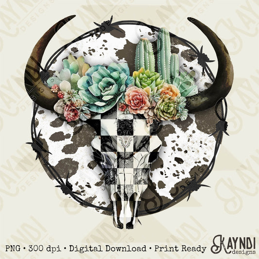 Checker Steer Skull Sublimation Design PNG Digital Download Printable Cowgirl Cowboy Western Cowprint Cactus Desert Succulent Barbwire Rodeo