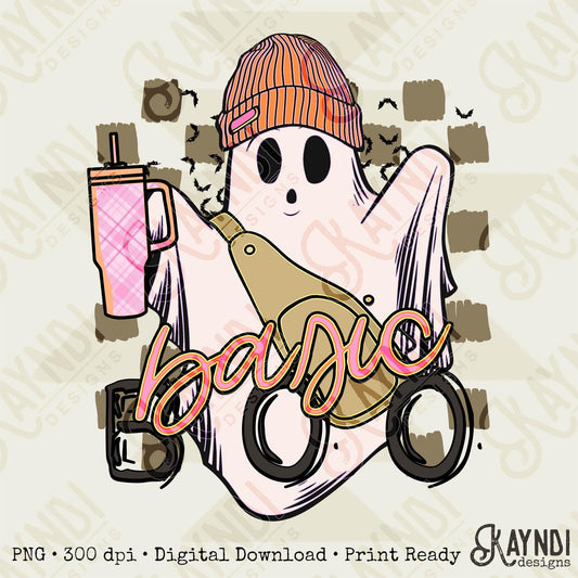 Basic Boo Sublimation Design PNG Digital Download Printable Checkered Print Ghost Doodle Cute Halloween Fall Spooky Autumn