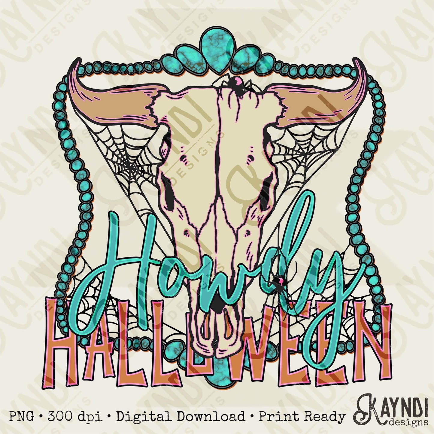 Howdy Halloween Sublimation Design PNG Digital Download Printable Spiderwebs Fall Country  Halloween Harvest Cowskull Turquoise