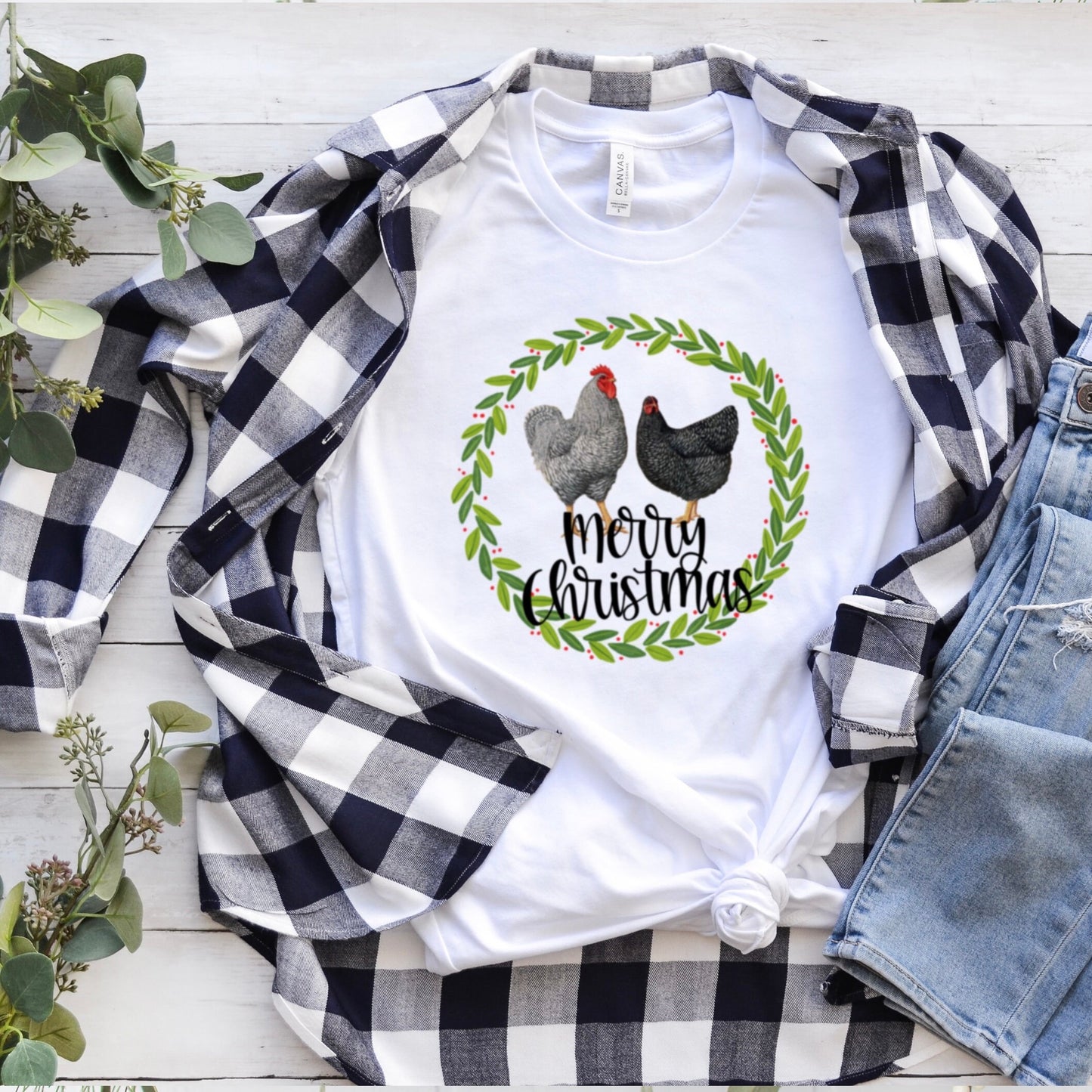 Merry Christmas Hens Chickens Country Farm Sublimation Design PNG Digital Download Foliage Greenery Leaves wreath DTG Printing Prinable