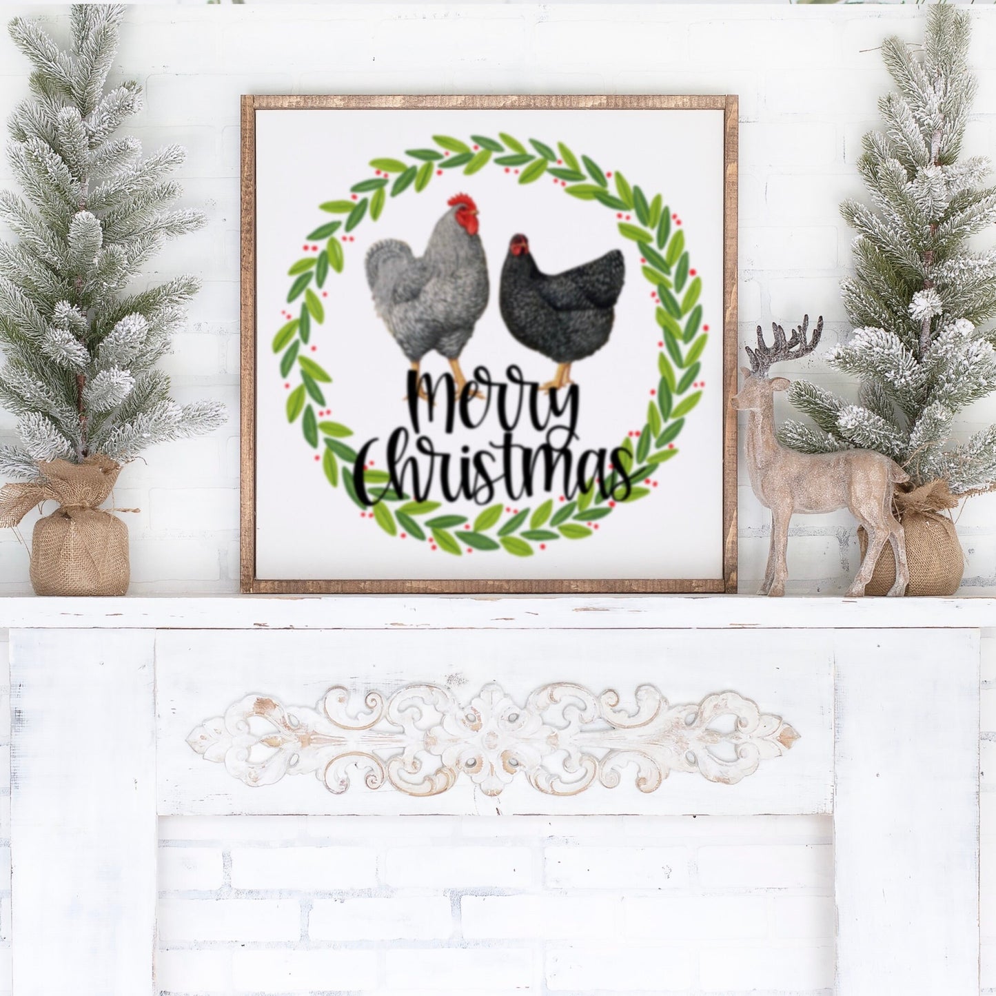 Merry Christmas Hens Chickens Country Farm Sublimation Design PNG Digital Download Foliage Greenery Leaves wreath DTG Printing Prinable