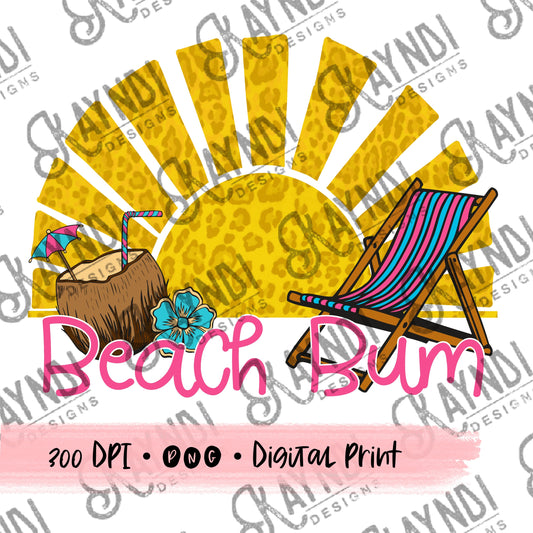 Beach Bum Sublimation Design PNG Digital Download Printable Leopard Sunburst Summer Beach Chair Pina Colada Coconut Drinkin Hawaii Vacation