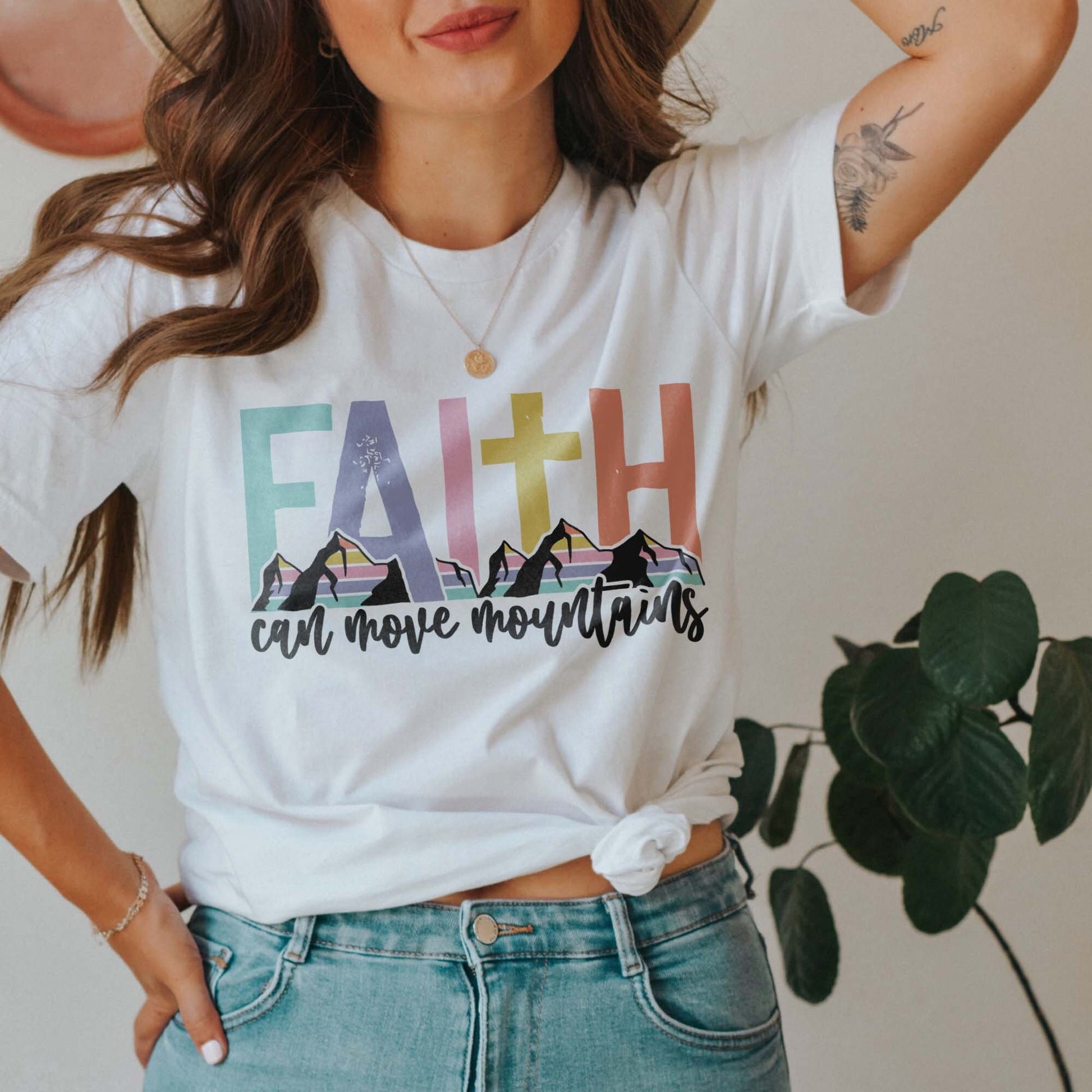 Faith Can Move Mountains Sublimation Design PNG Digital Download Printable Pastel Colorful Christian Jesus Quote Saying Inspirational Retro