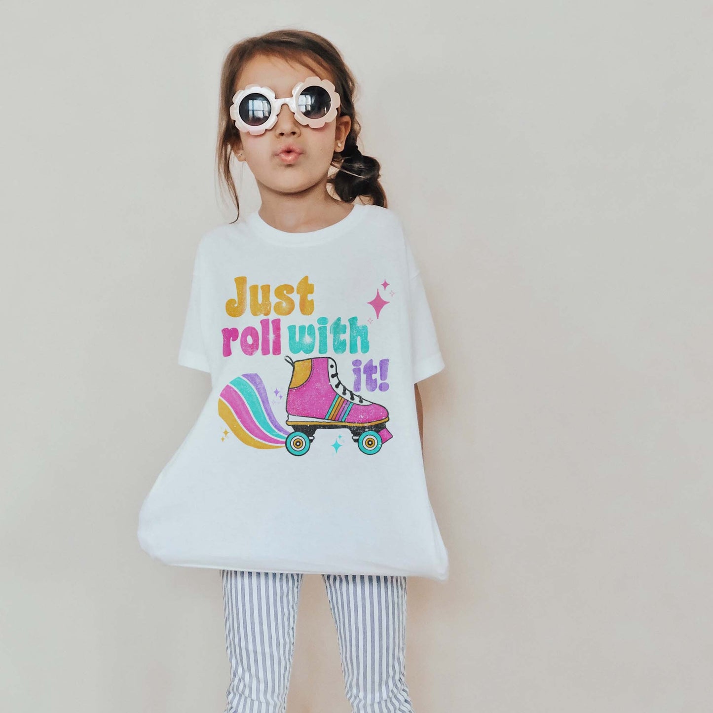 Just Roll With It Sublimation Design PNG Digital Download Printable 70s 80s Retro Vintage Doodle Rollerblades Roller Skates Skating Rink