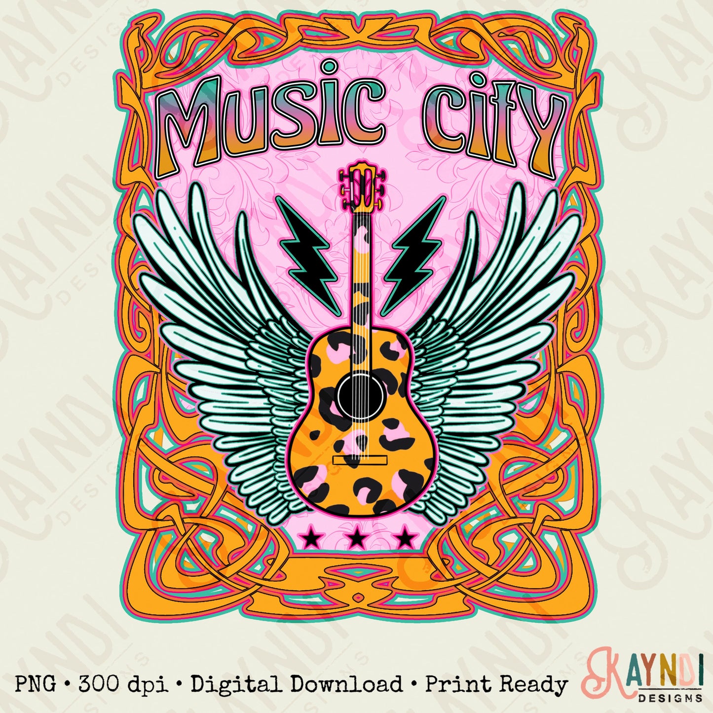 Music City Sublimation Design PNG Digital Download Printable Retro Groovy Country Retro Band Guitar Wings Leopard 70s Seventies