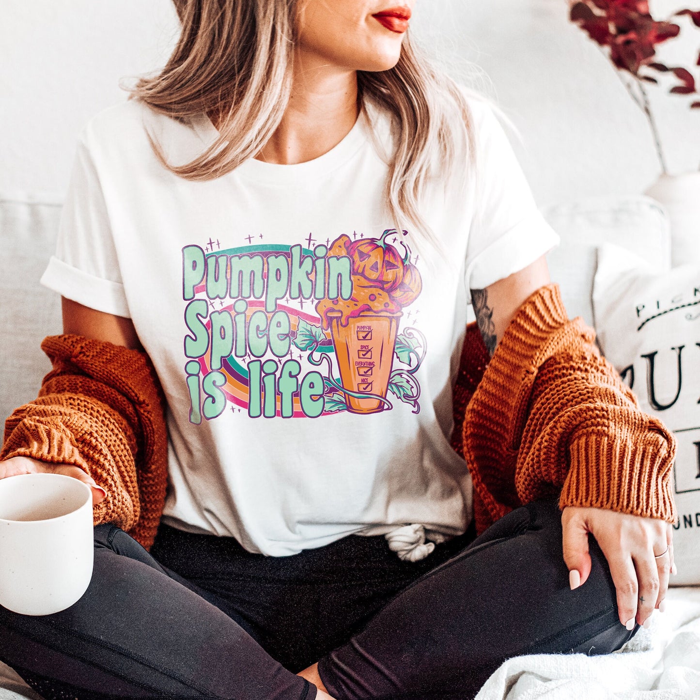 Pumpkin Spice is Life + Pocket Design Sublimation Design PNG Digital Download Printable Fall Halloween Coffee Cup Drink Latte Retro Groovy