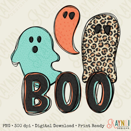 Boo Ghosts Sublimation Design PNG Digital Download Printable Leopard Cheetah Ghost Doodle Cute Halloween Fall Kids Trendy Spooky Autumn