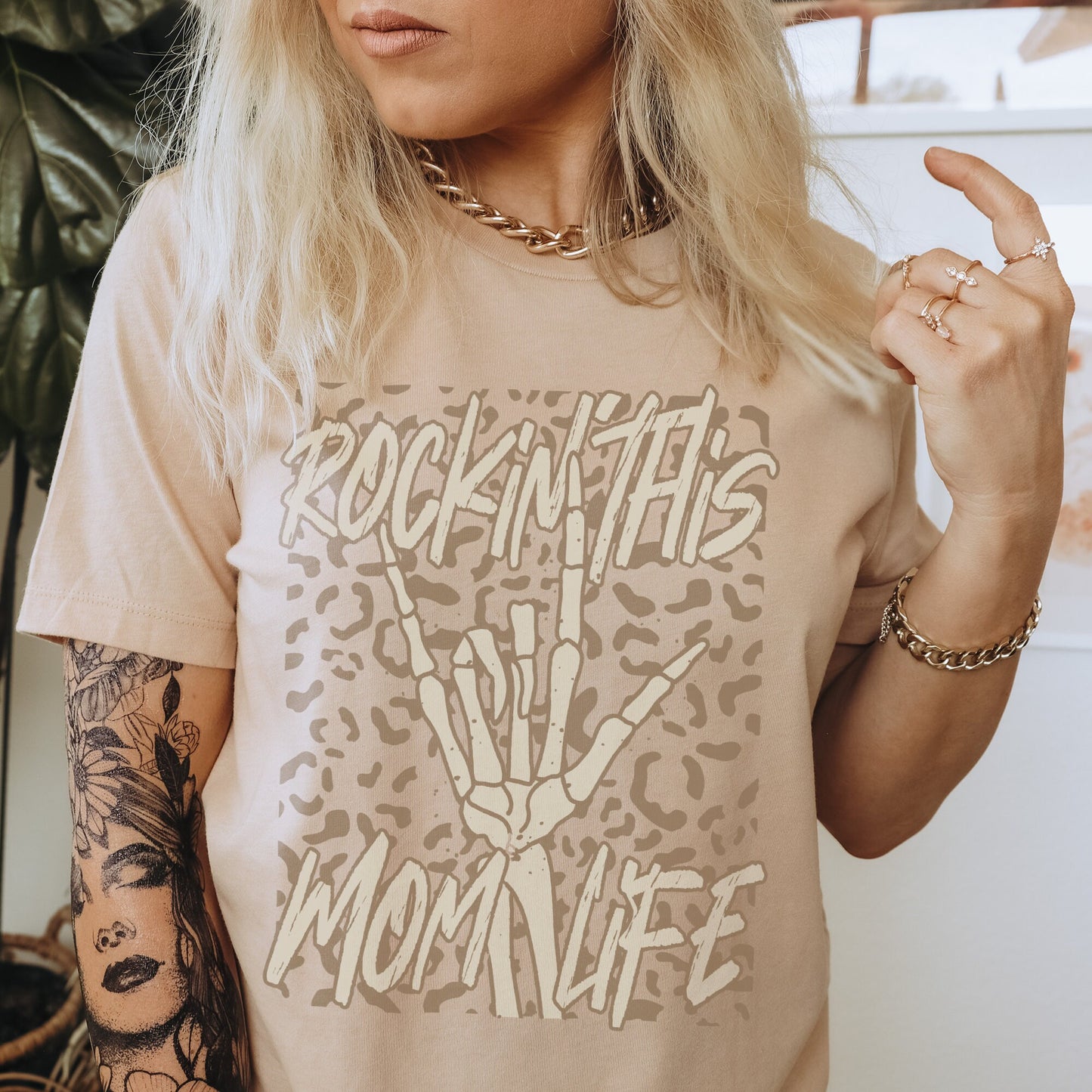 Rockin This Mom Life Tan Sublimation Design PNG Digital Download Printable Rock Rocker Grunge Skeleton Hand Skull Bad Moms Club Neutral