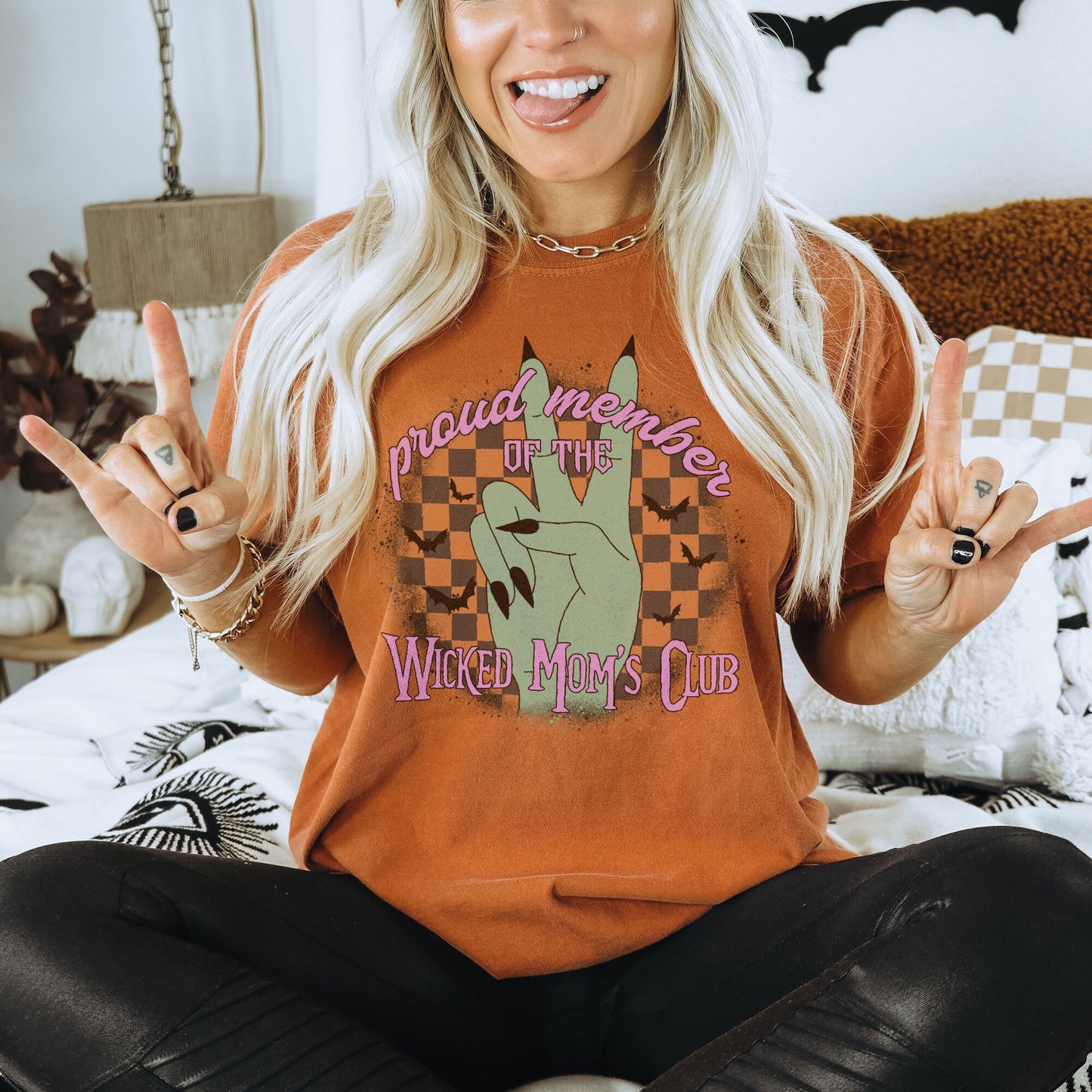 Proud Member of the Wicked Moms Club Sublimation Design PNG Digital Download Printable Checker Zombie Peace Rock Hand Halloween Witch Retro