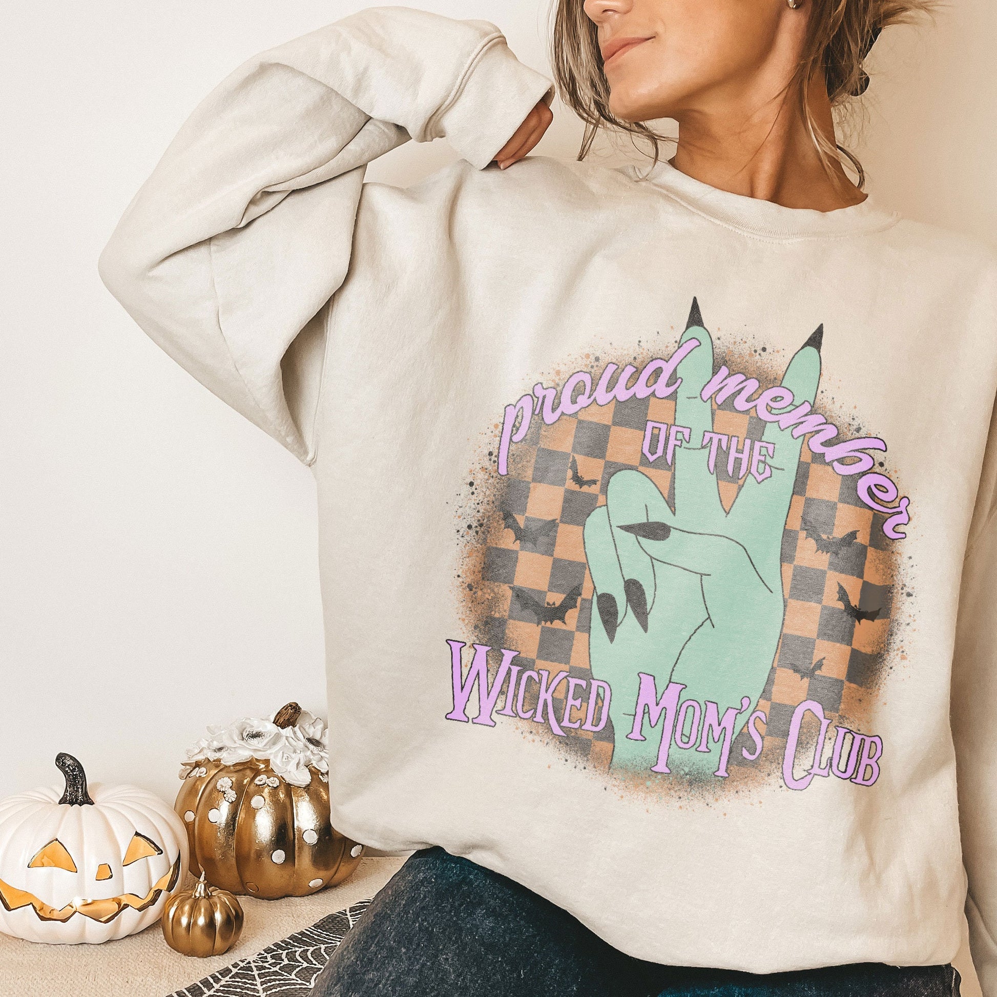 Proud Member of the Wicked Moms Club Sublimation Design PNG Digital Download Printable Checker Zombie Peace Rock Hand Halloween Witch Retro