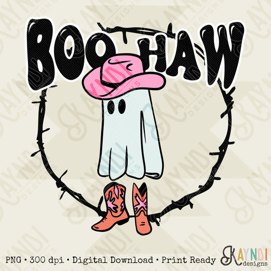 Boo Haw Halloween Ghost Boots Sublimation Design PNG Digital Download Printable Feet Western Country Cowgirl Fall Barb Wire Cowboy Hat