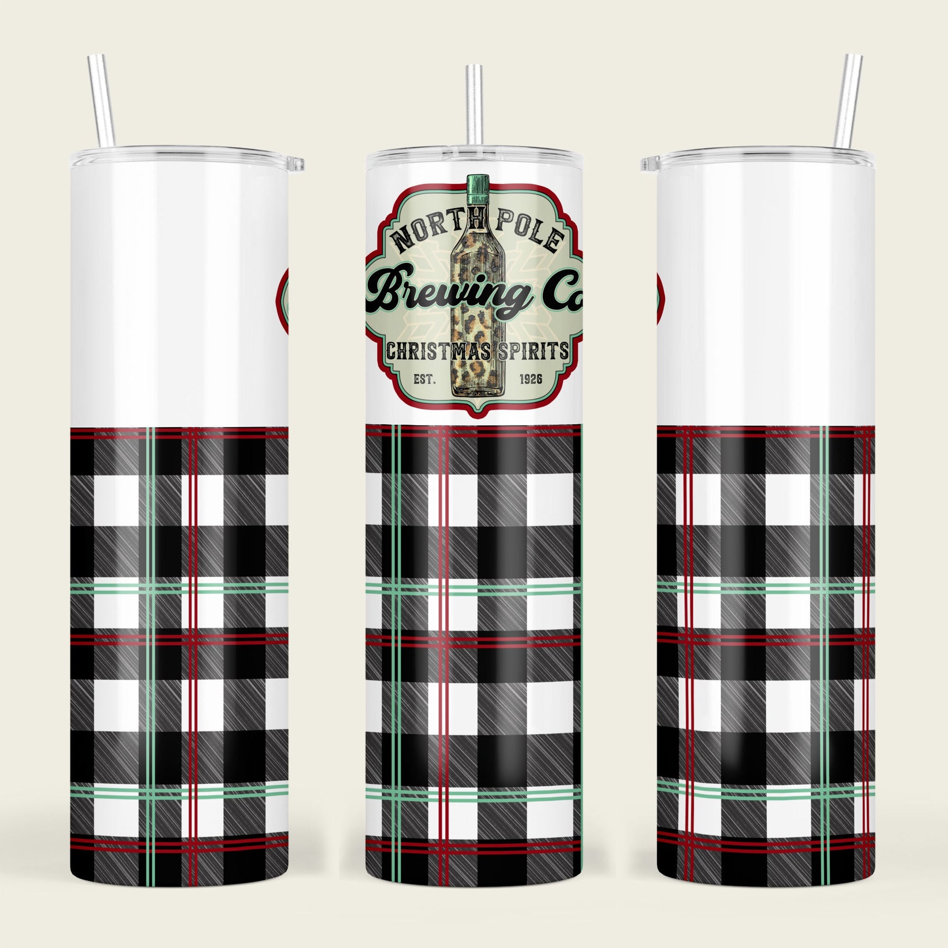 North Pole Brewing Company Seamless Tumbler Sublimation Design PNG Digital Download Printable Christmas Spirits Wine Beer Bootle Leopard