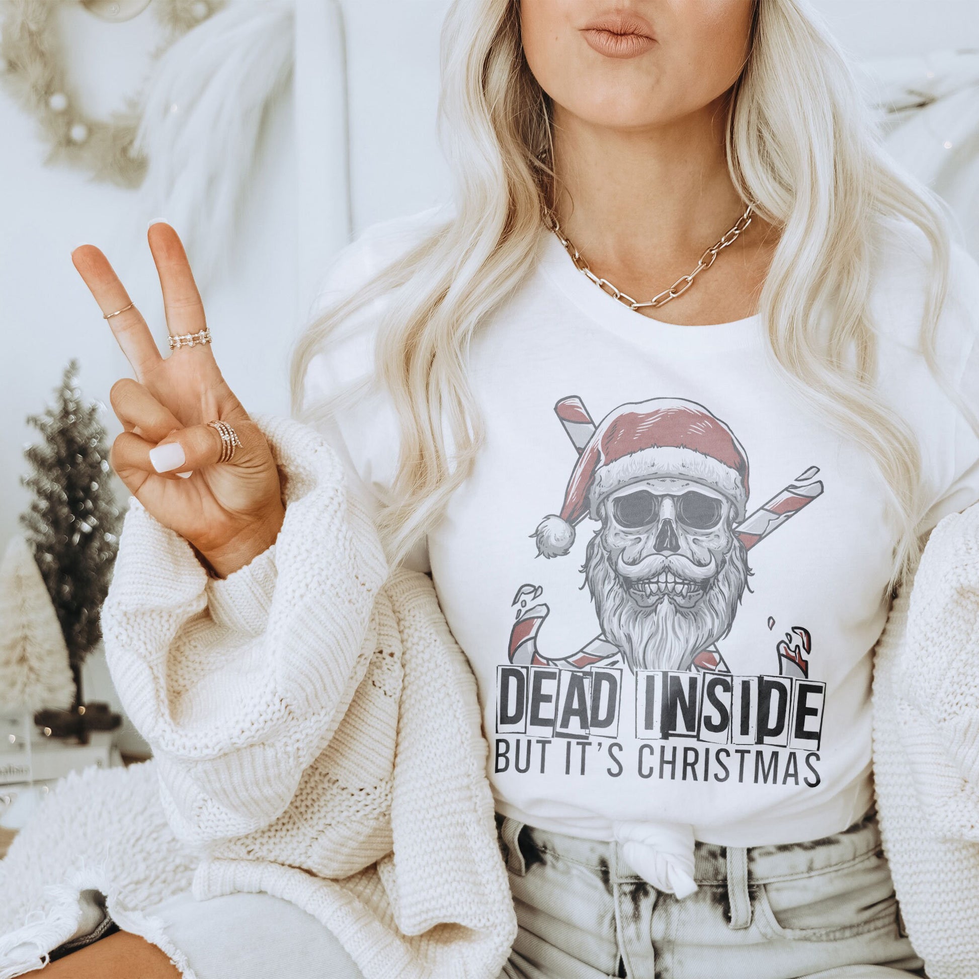 Dead Inside But Its Christmas Skull Sublimation Design PNG Digital Download Printable Skeleton Santa Hat Candy Canes Dark Humor Grunge